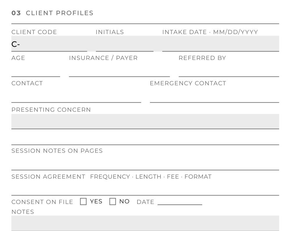 Detail of a client profile, page 140: client code, initials, intake date, age, insurance or payer, referred by, contact, emergency contact, presenting concern, the pages where session notes start, session agreement, and consent on file.
