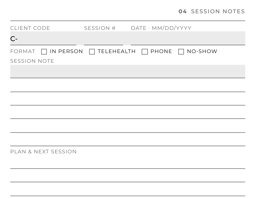 Detail of a session note, page 163: client code, session number, date, format checkboxes for in person, telehealth, phone, or no-show, and lines for the session note and for the plan and next session.