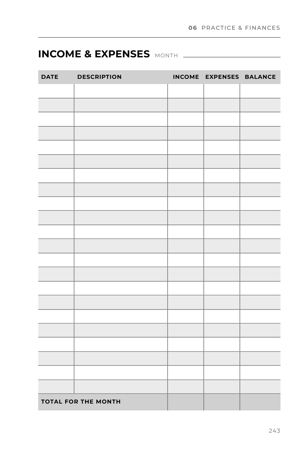Income and expenses page, page 243: a table with date, description, income, expenses, and balance, and a total for the month.